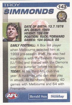 2005 Select Herald Sun AFL #143 Troy Simmonds Back